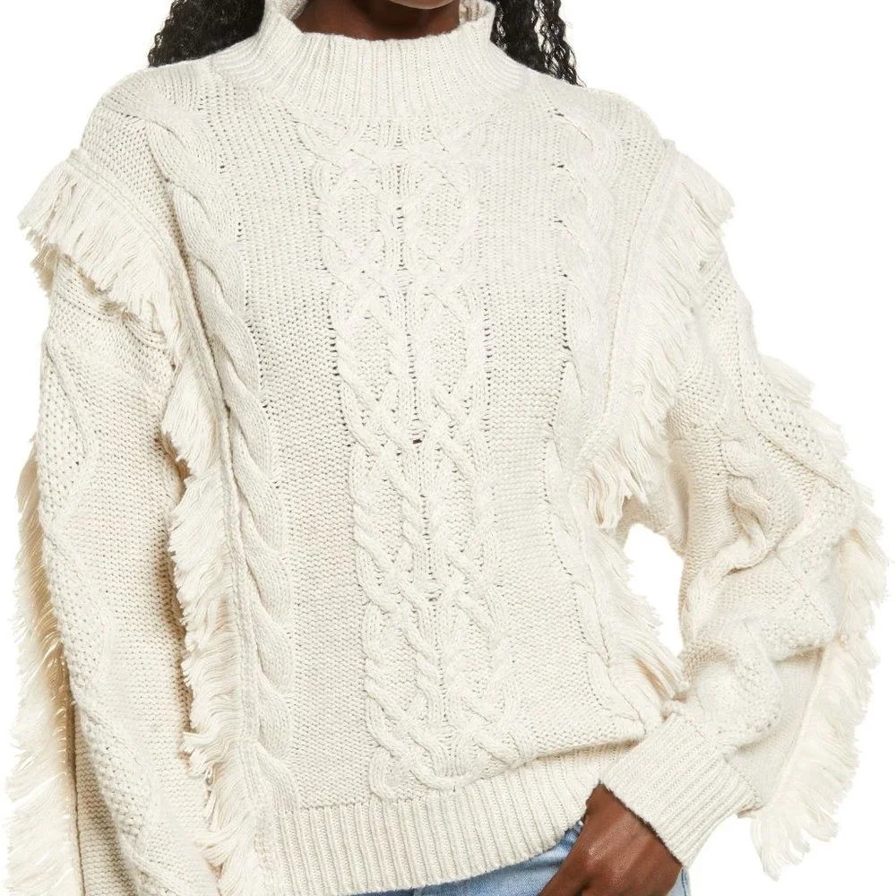 Leith Cable Knit Fringe Sweater Beige Oatmeal